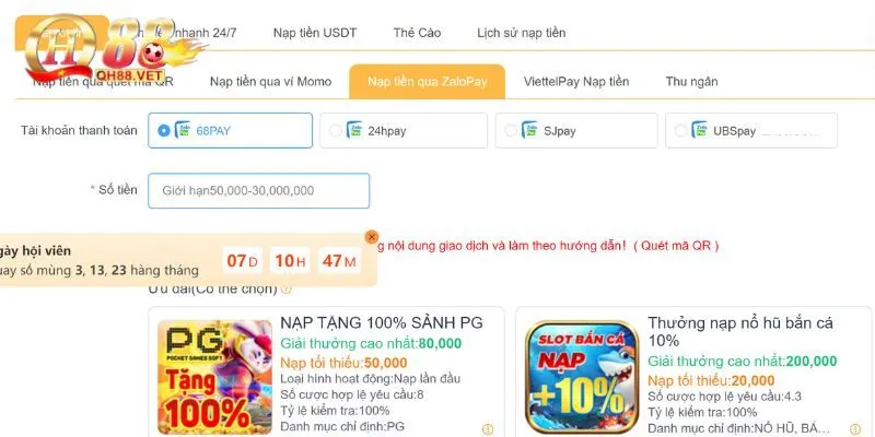 Những hình thức nạp tiền QH88 được sử dụng phổ biến