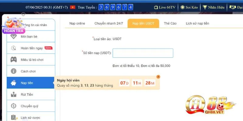 Hướng dẫn quy trình nạp rút tiền đơn giản tại QH88